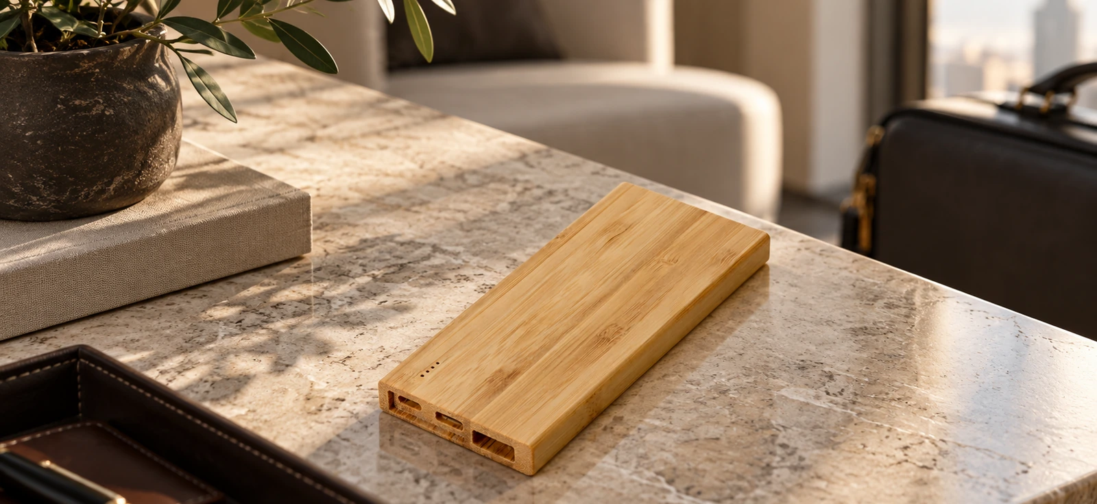 Внешний аккумулятор из бамбука Bamboo, 5000 mAh в интерьерной композиции