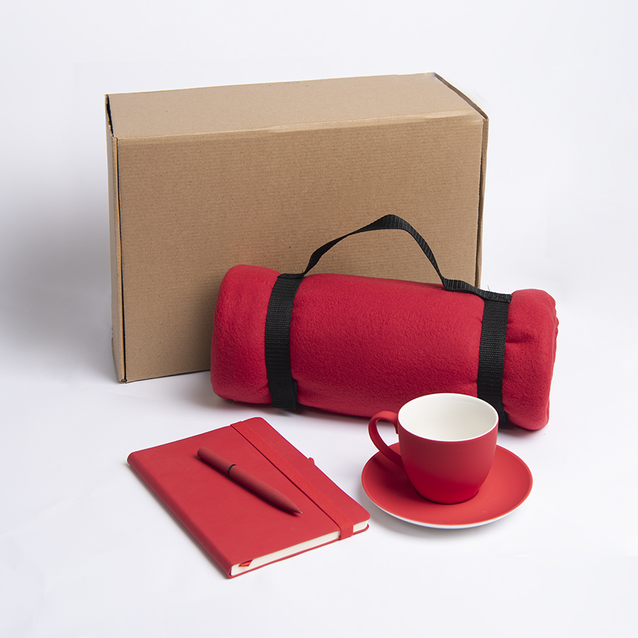 картинка Набор подарочный COSINESS: плед, ежедневник, ручка, чайная пара, коробка, красный от магазина