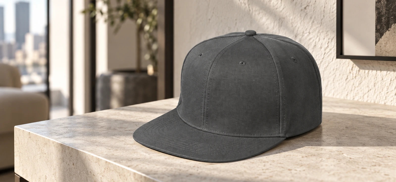 Бейсболка Snapback с прямым козырьком, серая в интерьерной композиции для статьи «Мерч для городского фестиваля: как выбрать вещи для прогулки и событий»