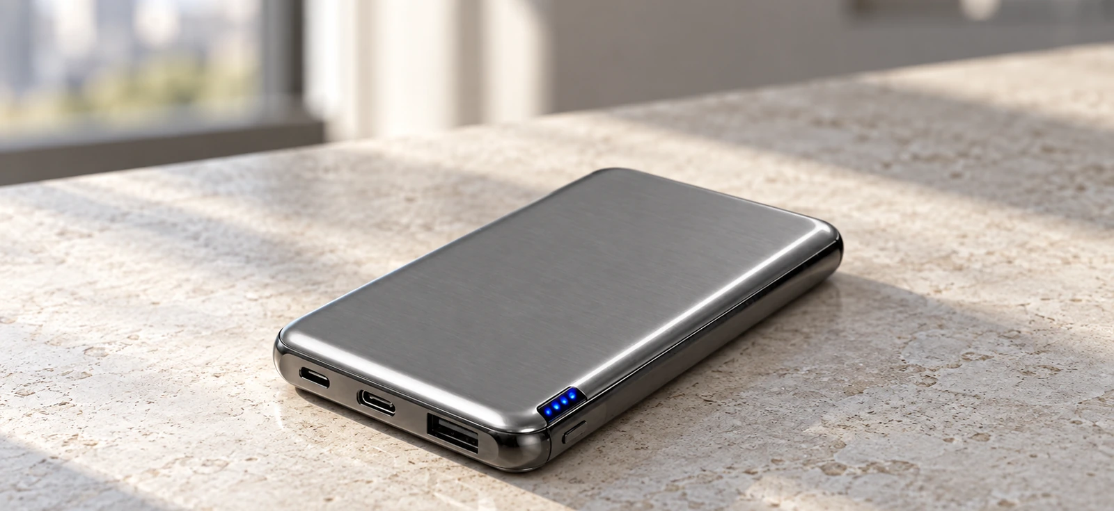 Внешний аккумулятор Forge, 10000 mAh на каменной столешнице в современном домашнем кабинете