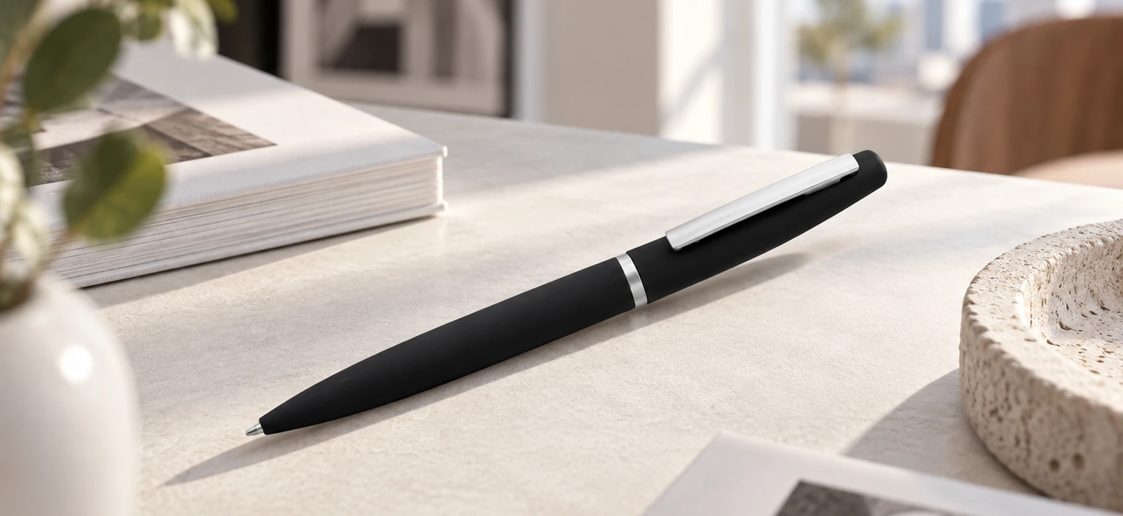 Ручка шариковая Bolt Soft Touch, черная в интерьерной композиции