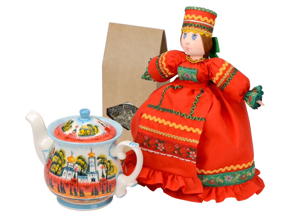 картинка Подарочный набор Кремлевский: кукла на чайник, чайник заварной с росписью, чай травяной от магазина