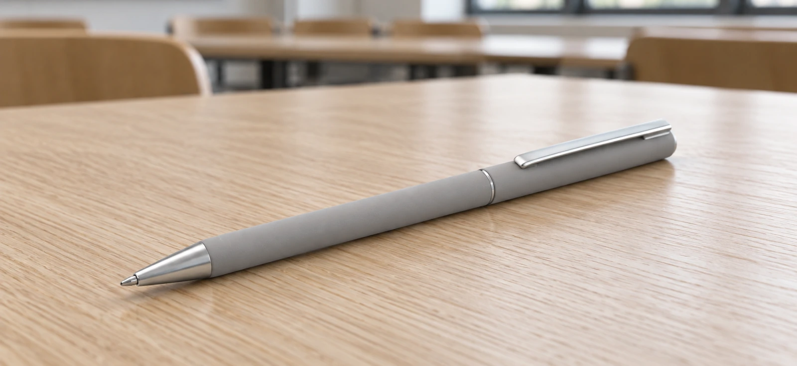 Ручка шариковая Blade Soft Touch, серая в интерьерной композиции для статьи «Набор участника семинара: как выбрать полезную раздатку»