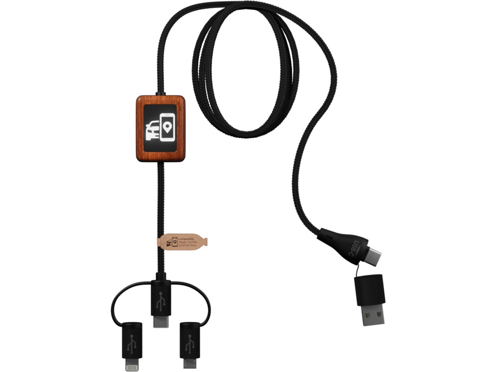 картинка Зарядный кабель из резины и бамбука с поддержкой передачи данных и двойным светящимся логотипом от магазина