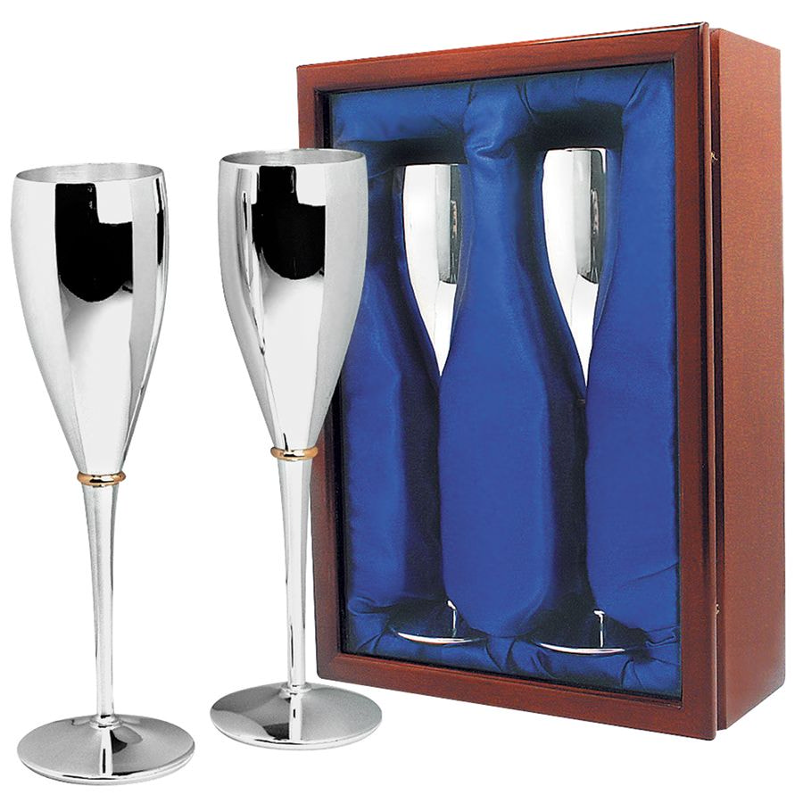 картинка Бокалы для шампанского; 21,5х9,5х30,5см; D=6см, H=23 см; посеребренный металл; лазерная гравировка от магазина