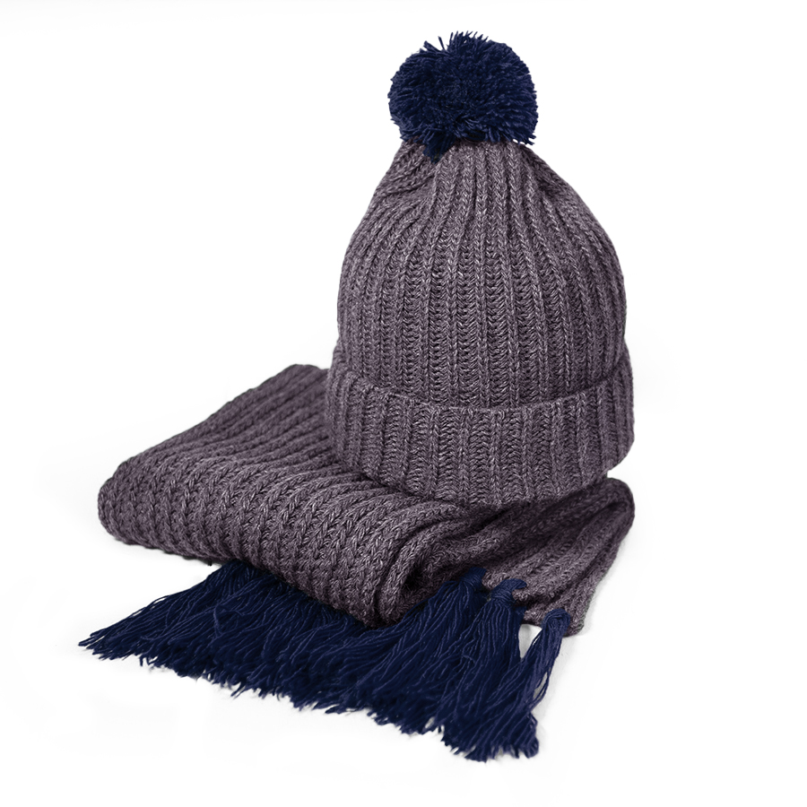 картинка Вязаный комплект шарф и шапка "GoSnow", антрацит c фурнитурой, темно-синий, 70% акрил,30% шерсть от магазина